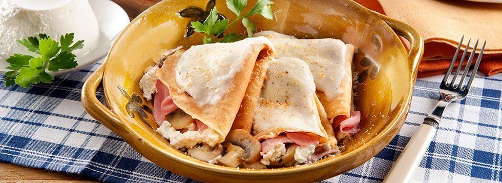 Crepes alla ricotta con prosciutto cotto e champignon