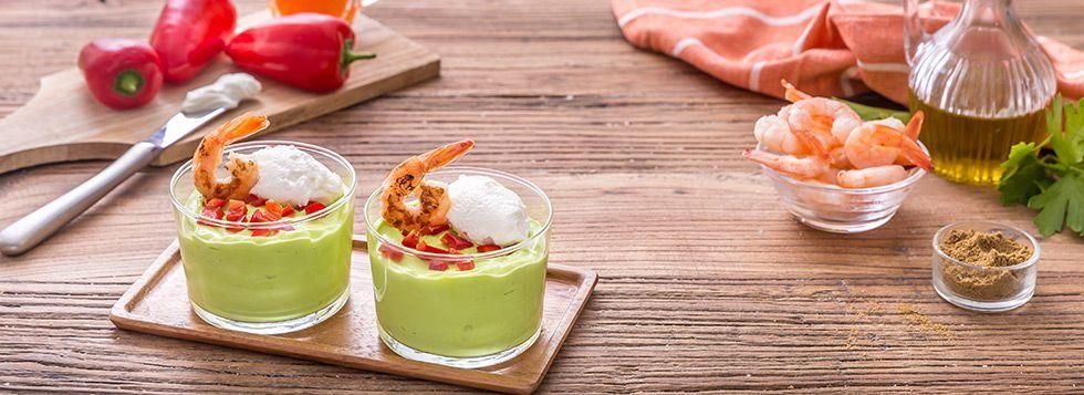 Crema di avocado, peperone e gamberi