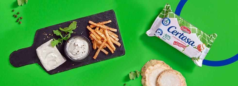 Frittura di sedano rapa con certosa al pepe verde