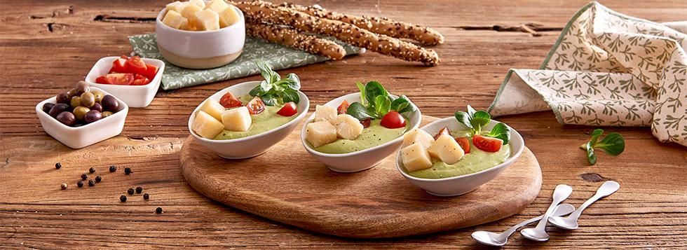 Crema tiepida di carciofi e piselli alla menta con Galbani Grangusto Bocconcini