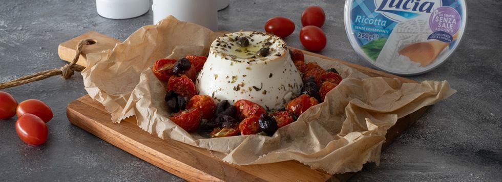 Ricotta al forno con pomodorini e olive