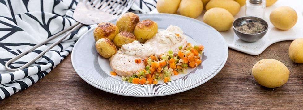 Arrosto di tacchino, salsa di Certosa e patate al rosmarino
