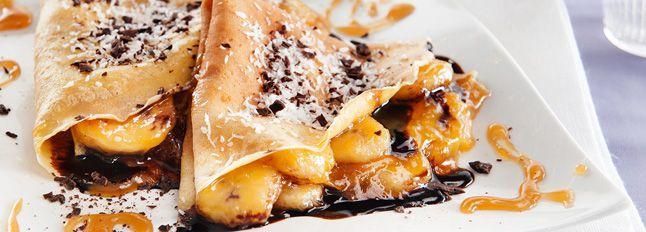 Crepes con Banane flambé, cioccolato fondente e cocco