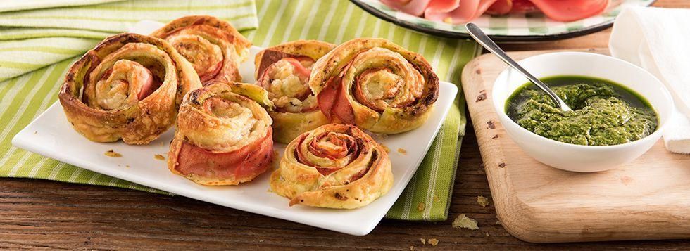 GIRELLE DI SFOGLIA CON MORTADELLA GENTILE, FORMAGGIO E PATÈ DI OLIVE VERDI