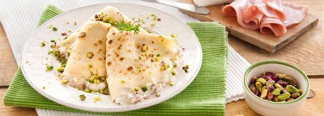 Crespelle con Certosa, mortadella e pistacchi