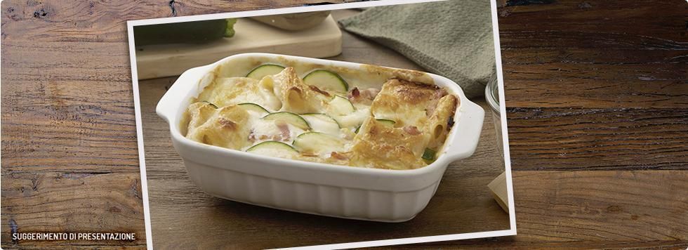 Paccheri al forno con Galbanino zucchine e pancetta