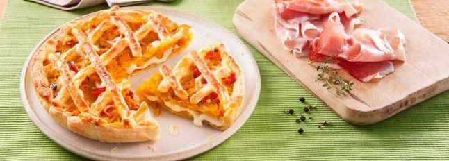 Torta rustica ripiena di zucca, Fette alla Mozzarella e speck
