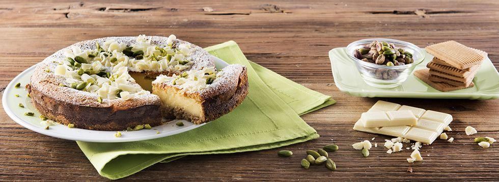 Cheesecake ai pistacchi e cioccolato bianco
