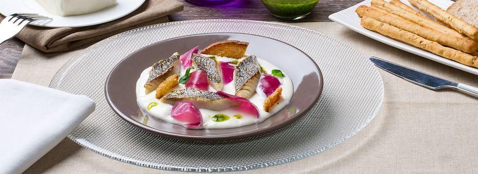 Orata al vapore, cavolo cappuccio viola e crema di stracchino