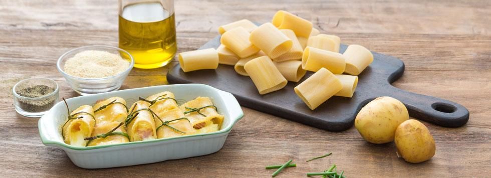Pacchettini di paccheri ripieni alla Certosa, patate e mortadella